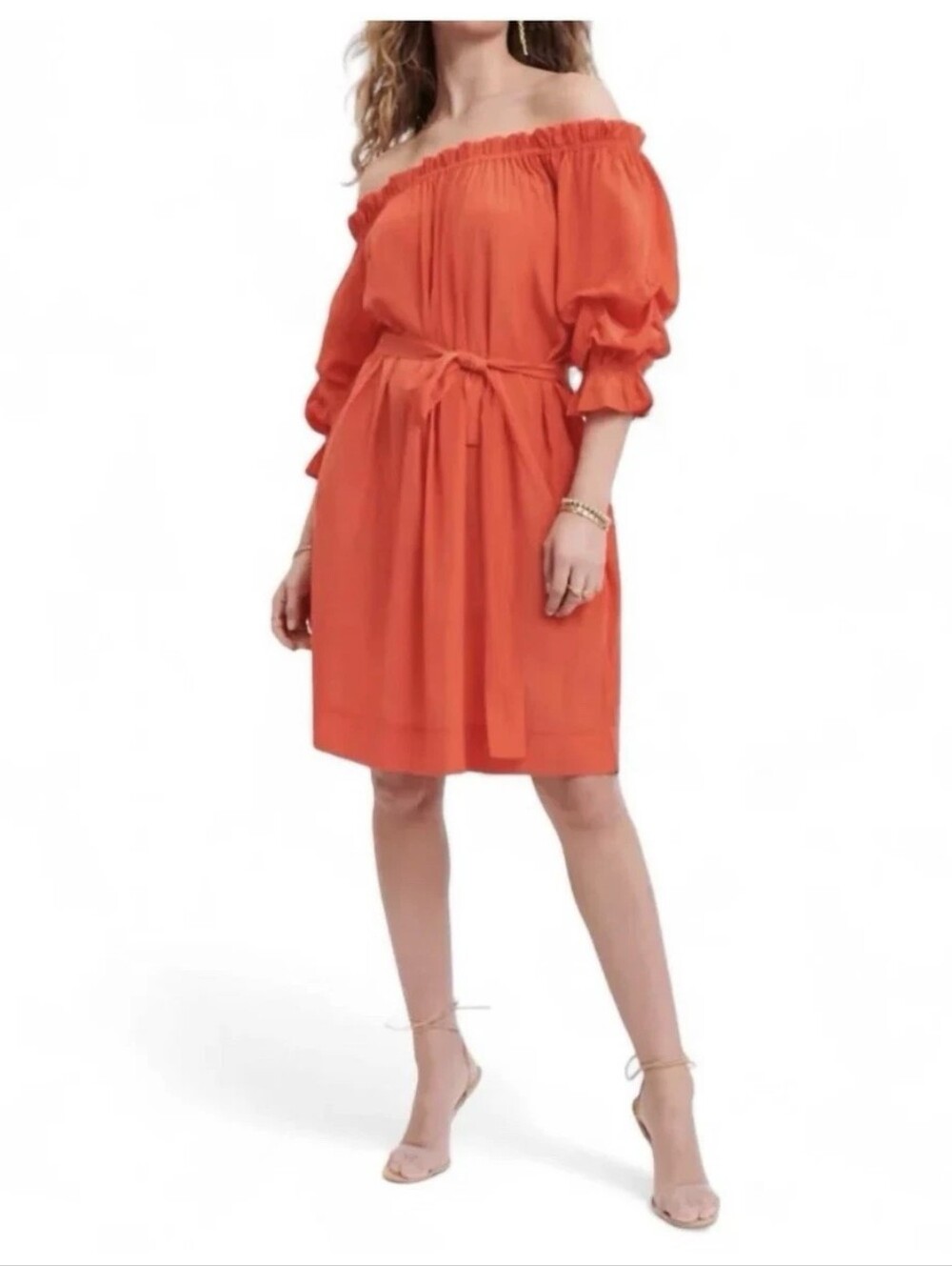 MERSEA x Anthropologie Tulum Ruffle Dress Sunset Orange Off Shoulder Medium - Picture 7 of 16